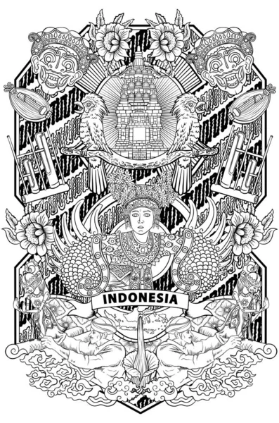 Erstaunliche Kultur der indonesischen Illustration in Vintage Frame Design — Stockvektor