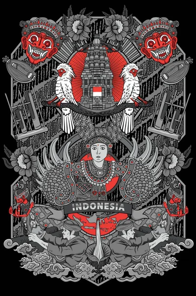 Increíble cultura de indonesia ilustración en diseño de marco vintage — Archivo Imágenes Vectoriales
