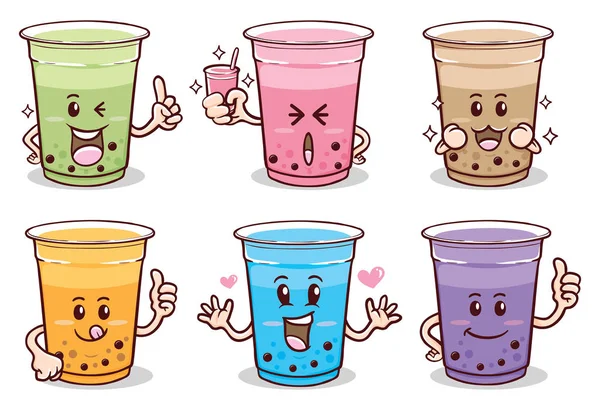 Kawaii lindo emoji etiqueta engomada conjunto de dibujos animados personaje burbuja leche té — Vector de stock