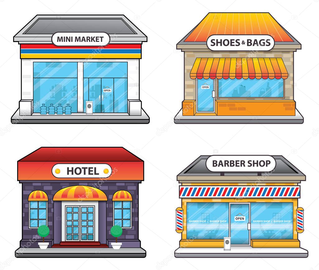 convenience store hotel and barber shop building illustration