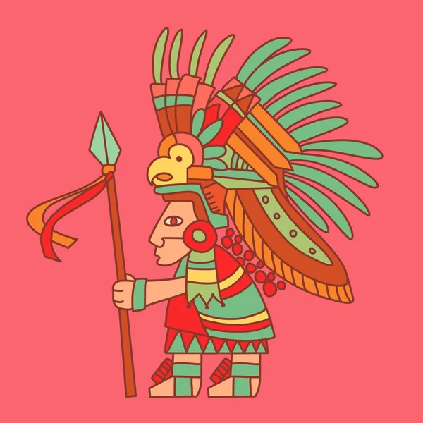 Guerreiro de pele vermelha asteca com uma lança . — Vetor de Stock