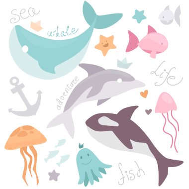 sevimli çizgi çizim deniz hayat seti