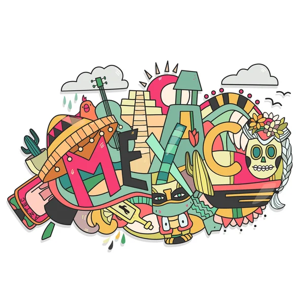 Ilustração com México e diferentes elementos tradicionais —  Vetores de Stock