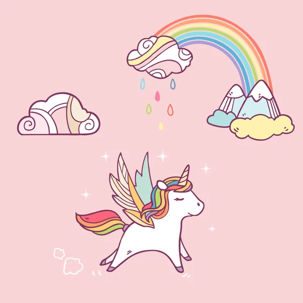 Pegasus am Himmel zwischen Wolken und Regenbogen — Stockvektor