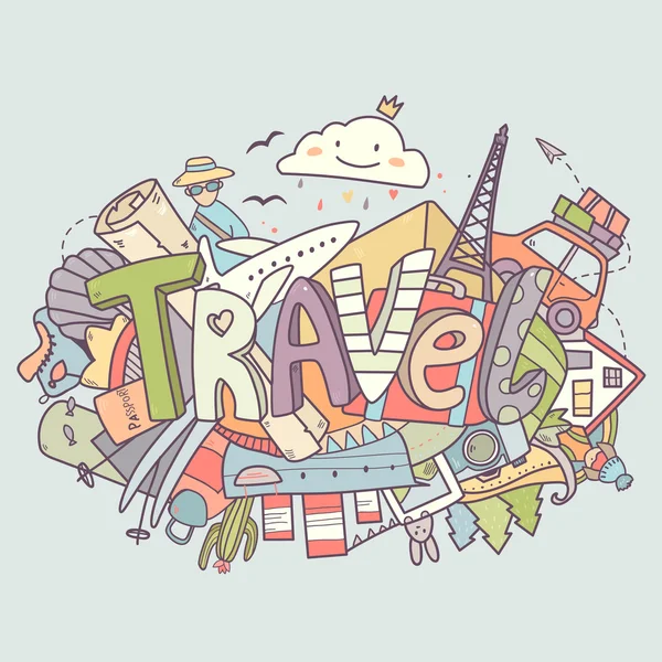 Word Travel and different elements — Stock Vector