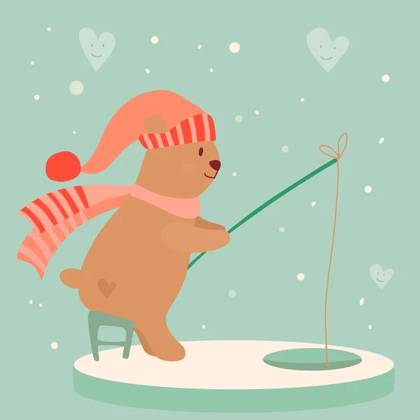 Cute bear fishing in winter hat — Stock Vector
