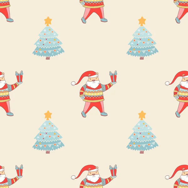 Pattern with cartoon Christmas tree and santa — Stock Vector