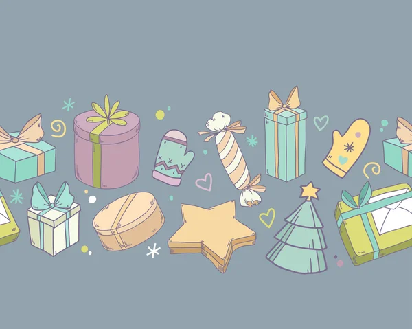 Boîtes de cadeaux de dessin animé vectoriel motif de frontière sans couture — Image vectorielle