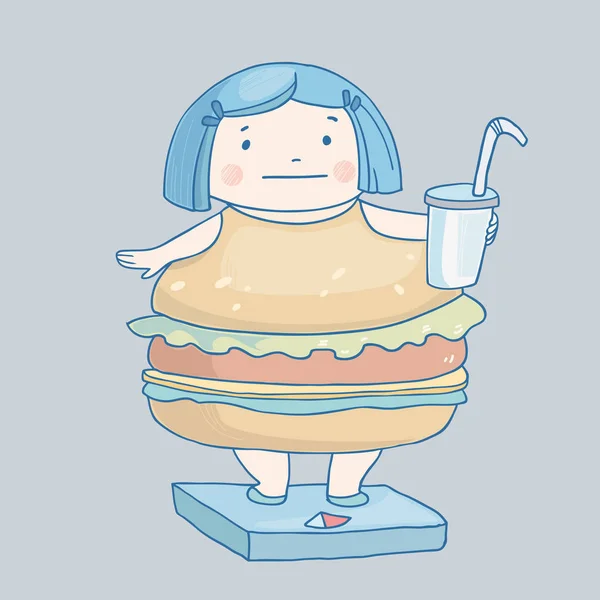 Девушка в гамбургерном платье, стоящая на весах — стоковый вектор