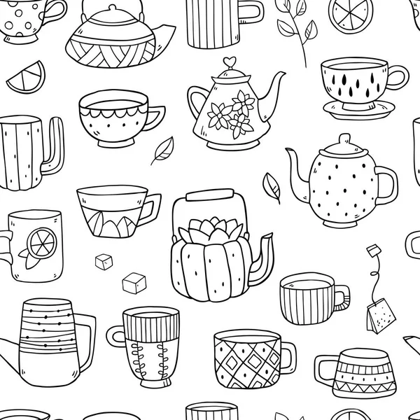 Seamless pattern of drawing teapots and cups — Stock Vector