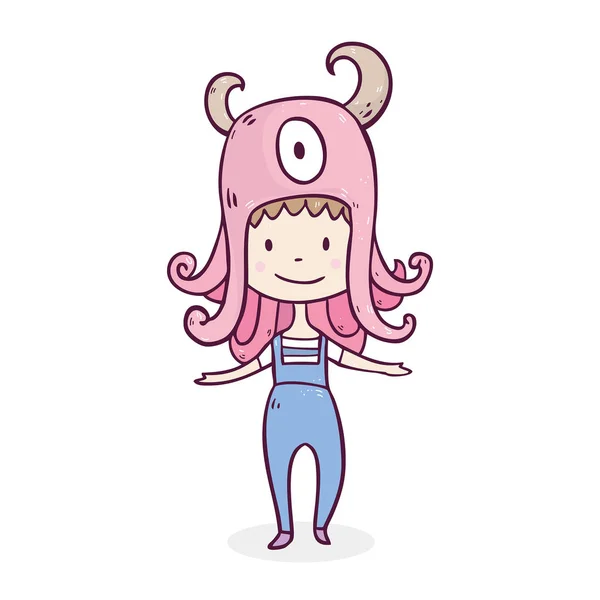 Gadis kartun dengan kostum gurita - Stok Vektor