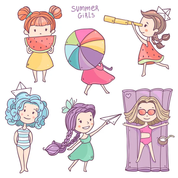 Bonito desenhos animados verão meninas — Vetor de Stock