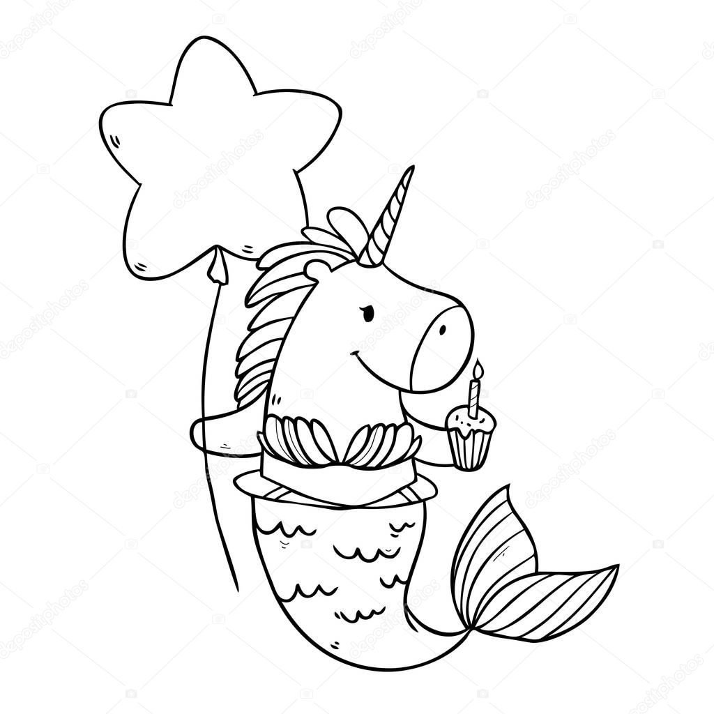 Cartoon Cute Drawing Unicorn Mermaid With Party Balloon And Cupcake With Birthday Candle Vector Illustration Isolated On Background Premium Vector In Adobe Illustrator Ai Ai Format Encapsulated Postscript Eps Eps Format