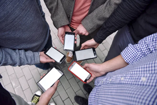 Close Image Young Men Group Hands Using Smartphone Sreet City — Stock Photo, Image