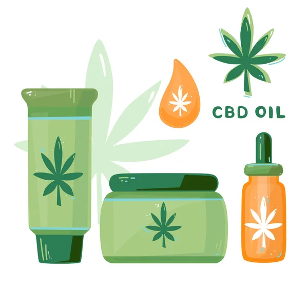 Vektorillustration Verschiedener Flaschen Mit Cbd Für Kosmetikprodukte Mit Hanfblättern Flaches — Stockvektor