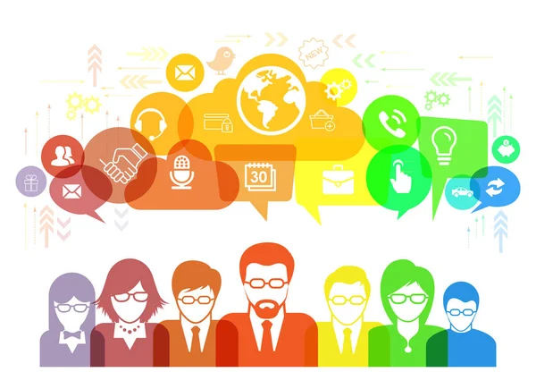 Conversa em rede social e ilustração de bolhas de fala com ícones de mídia social — Vetor de Stock