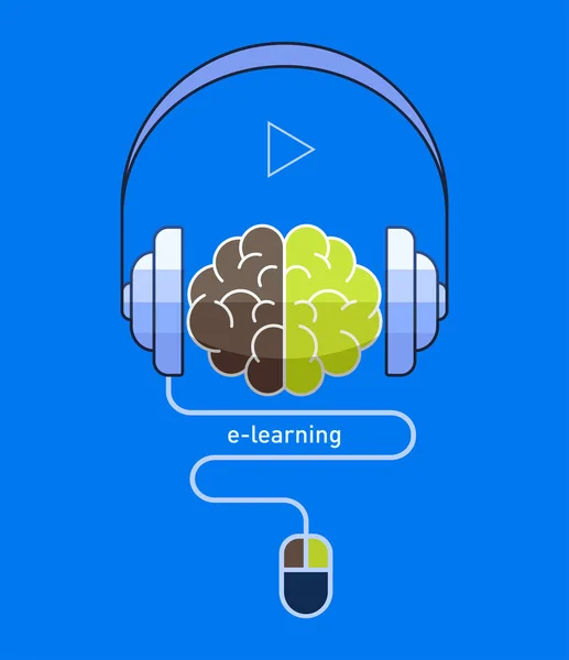 Cérebro com fones de ouvido e mouse em design plano, aprendizagem on-line / conceito de e-learning — Vetor de Stock