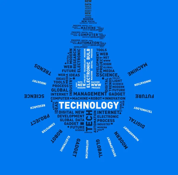 Nube de palabra vectorial de la tecnología bombilla — Vector de stock