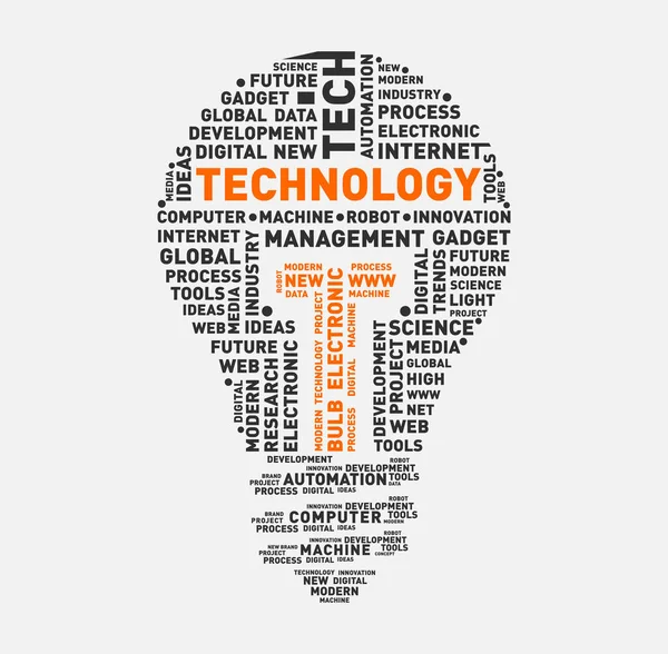 Nube de palabra vectorial de la tecnología bombilla — Vector de stock