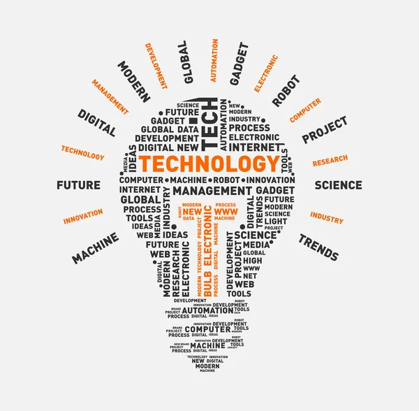 Wektor słowo cloud technologii żarówki — Wektor stockowy