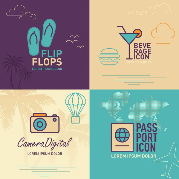 Flip-flops ícone plano, bebidas ícone plano, ícone de câmera plana digital e ícone de passaporte plano — Vetor de Stock