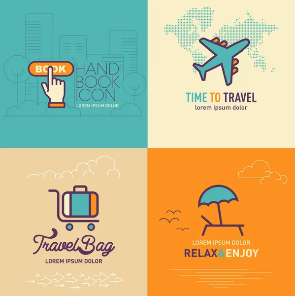 Book online button flat icon, Airplane flat icon, Travel bag flat icon and Relax & Enjoy flat icon — Stock Vector