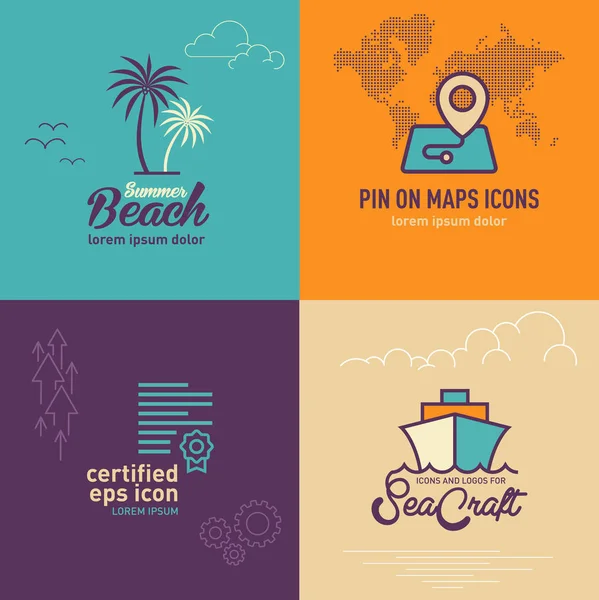 Palm tree flat icon, Location map with world map flat icon, Certificate flat icon and Ship flat icon — Stock Vector