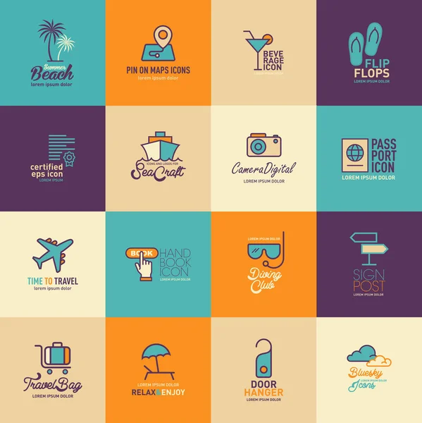 Conjunto de iconos de línea de viajes y turismo diseño plano, plantilla de diseño de logotipo — Vector de stock