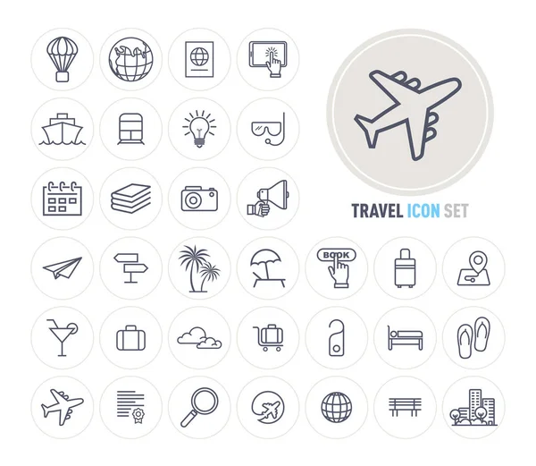 Icone della linea di viaggi e turismo set design piatto, modello di design logo — Vettoriale Stock