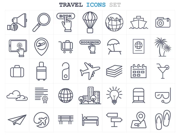 Conjunto de iconos de línea de viajes y turismo diseño plano, plantilla de diseño de logotipo — Vector de stock