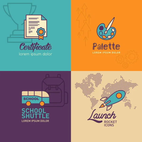 Educación plana Iconos, icono del certificado, icono de la paleta, autobús escolar, cohete icono con mapa del mundo — Archivo Imágenes Vectoriales