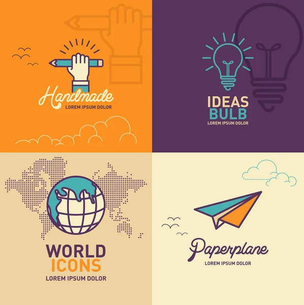 Educação ícones planos, mão segurando ícone de lápis, ícone de lâmpada, ícone do mundo, ícone de avião de papel — Vetor de Stock