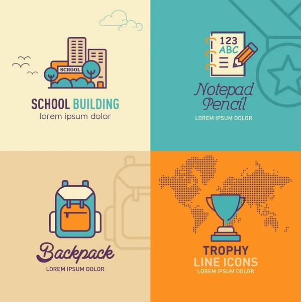 Icônes plates d'éducation, icône de bâtiment d'école, icône de crayon de bloc-notes, sac à dos — Image vectorielle