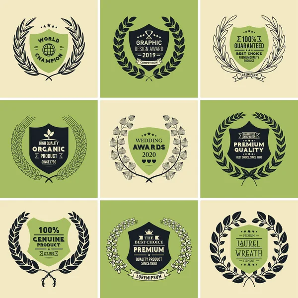 Laurel Wreath Badges Vector. Modello per Premi, Marchi di Qualità, Diplomi e Certificati . — Vettoriale Stock