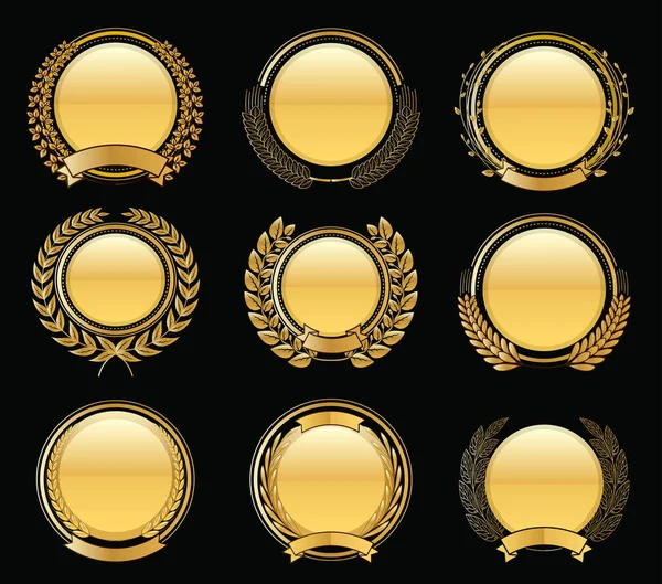Coleção de luxo dourado emblemas coroa de louros — Vetor de Stock