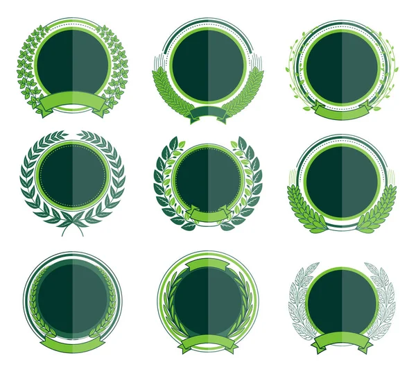 Coleção de coroa de louros de crachás verde luxo — Vetor de Stock