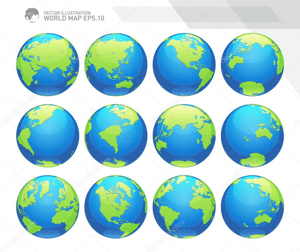 Globes showing earth with all continents. Digital world globe vector. Dotted world map vector.