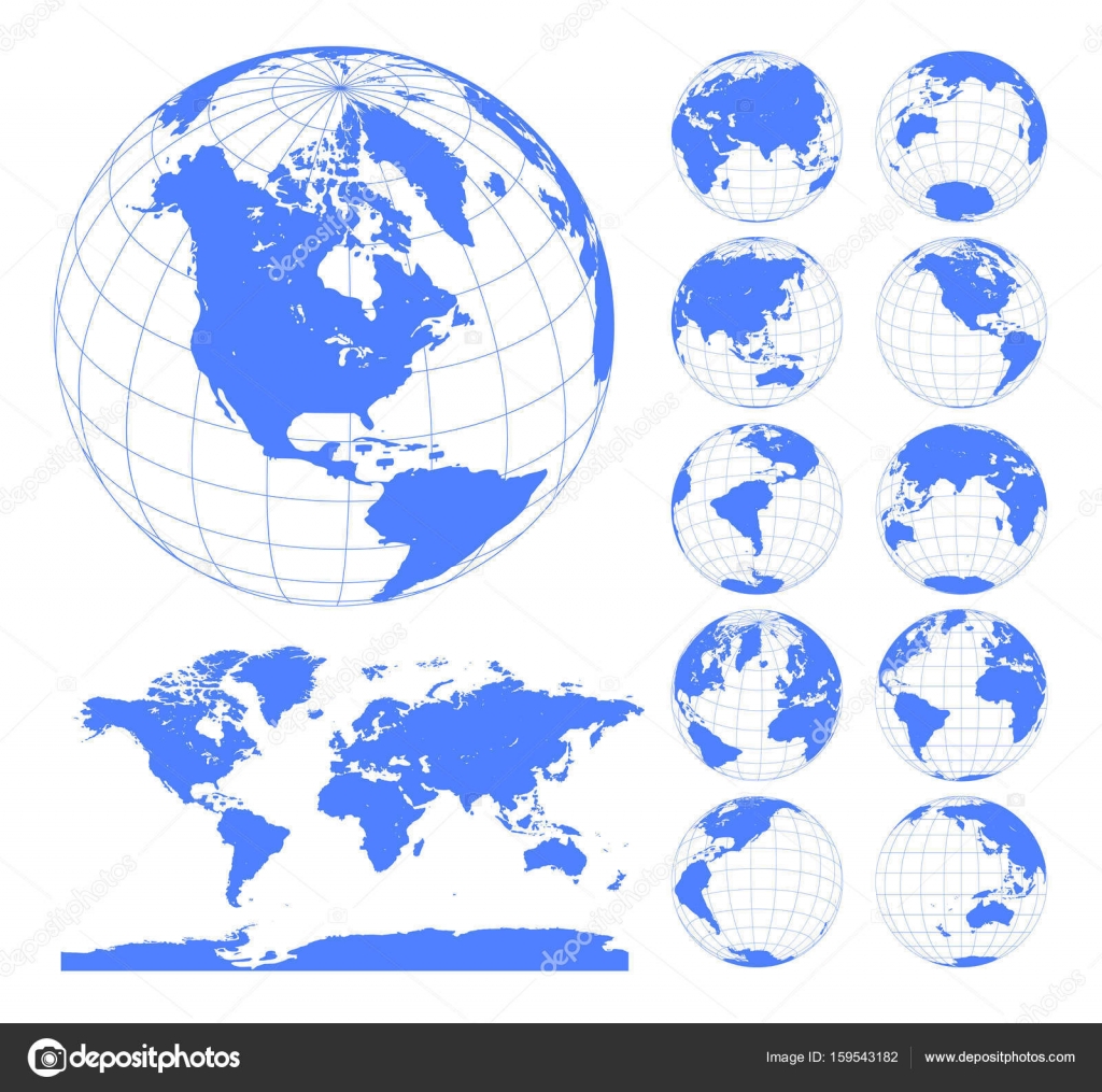 Globes showing earth with all continents. Digital world globe vector. Dotted world map vector