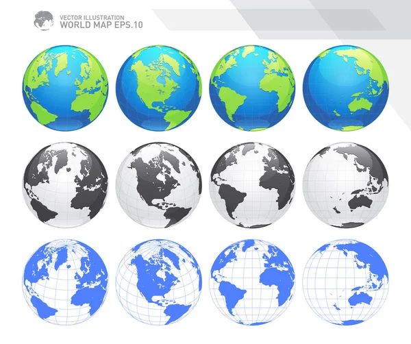 Глобусы, показывающие Землю на всех континентах. Вектор цифрового мира. Точечный вектор карты мира . — стоковый вектор