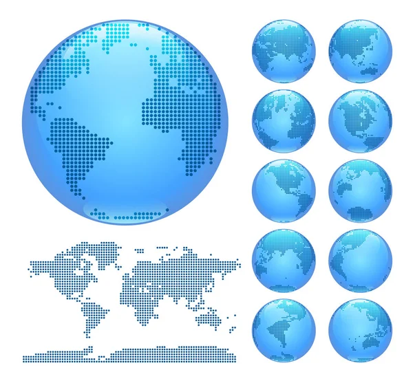 Globes showing earth with all continents. Dotted world globe vector. — Stock Vector