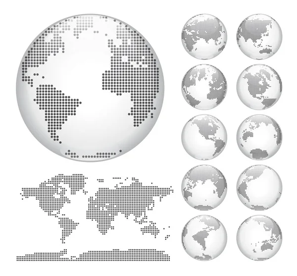 Globos mostrando la tierra con todos los continentes. Mundo punteado globo vector . — Archivo Imágenes Vectoriales