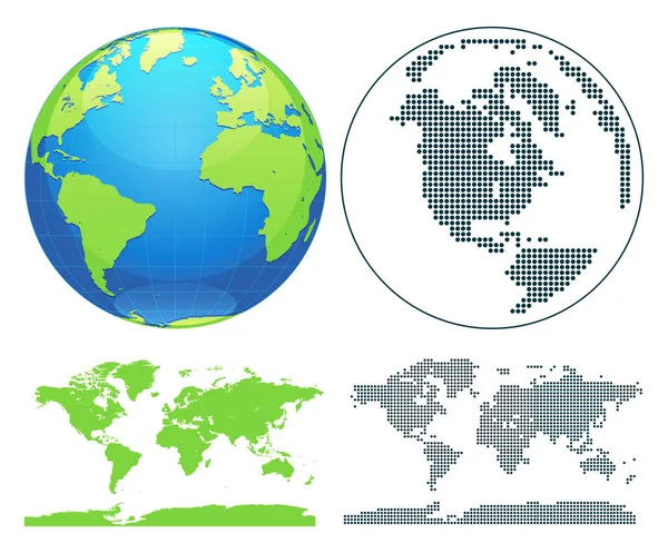 Globos mostrando a Terra com todos os continentes. Mundo digital vetor globo. Vetor de mapa mundo pontilhado . — Vetor de Stock