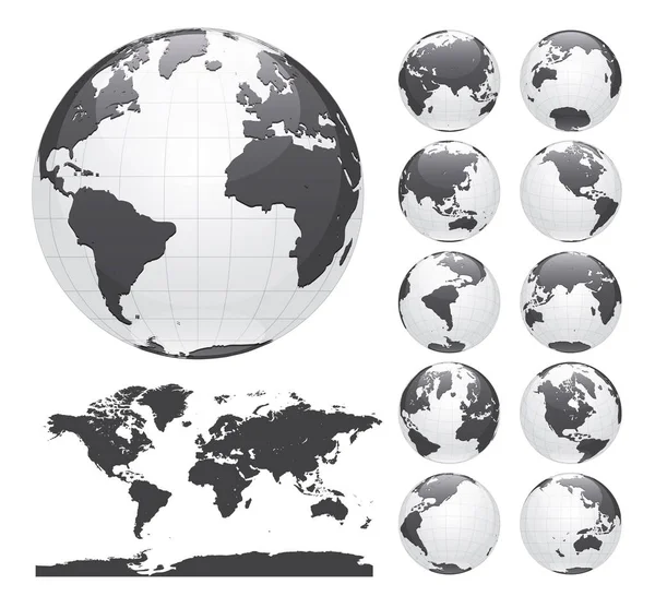 Globes showing earth with all continents. Digital world globe vector. Dotted world map vector. — Stock Vector