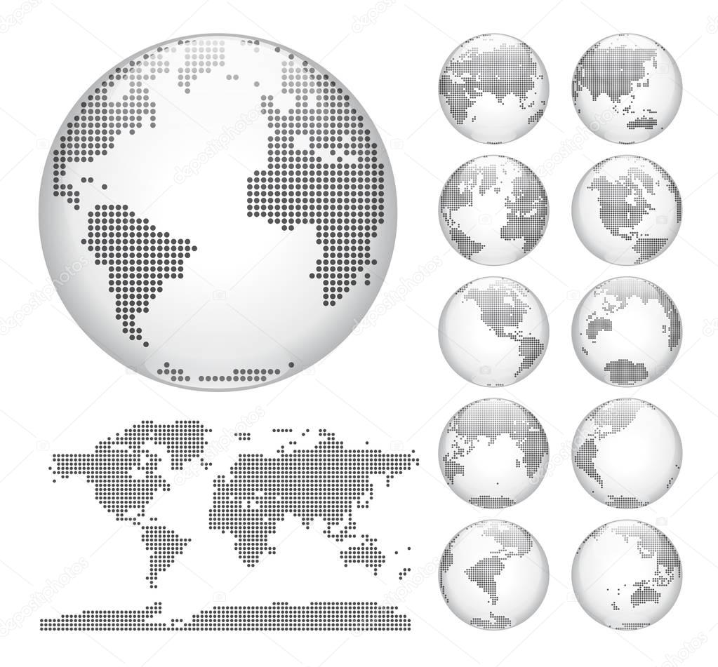 Globes showing earth with all continents. Dotted world globe vector.