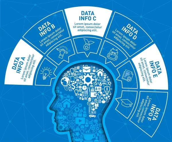 Modelo de design infográfico com A cabeça é preenchida por um pequeno elemento de ícone . — Vetor de Stock