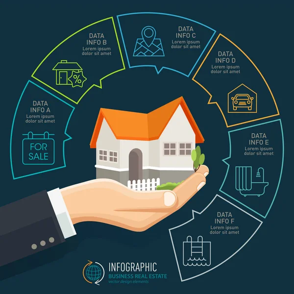 Empresario sosteniendo una casa. Negocio inmobiliario Infografía con iconos . — Archivo Imágenes Vectoriales