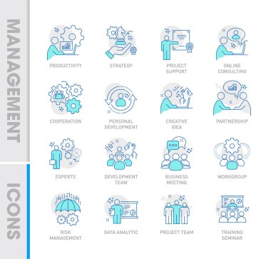 Yönetim simgesi setinin düz çizgi tasarım biçimi. Vektör stok illüstrasyonu.