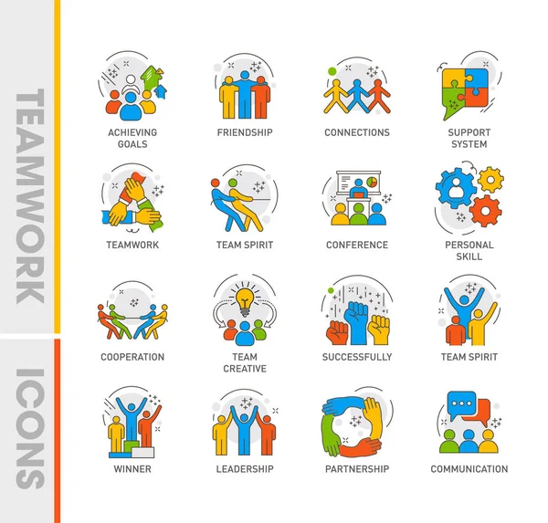 Stile Flat Line Design Del Team Work Icon Set Illustrazione — Vettoriale Stock