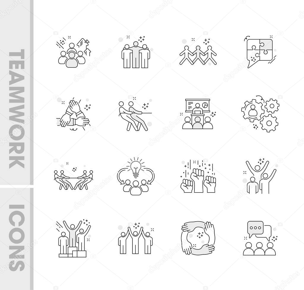 Flat line design style of team work icon set. Vector stock illustration.