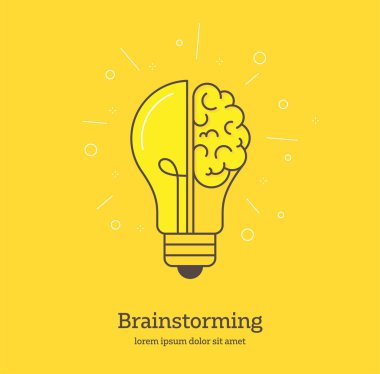 Yaratıcı Beyin - Sarı yarı beyin yarı ampul fikirleri temsil ediyor. Vektör çizgisi tasarımı. Yaratıcılığın sembolü, yaratıcı fikir, düşünme.